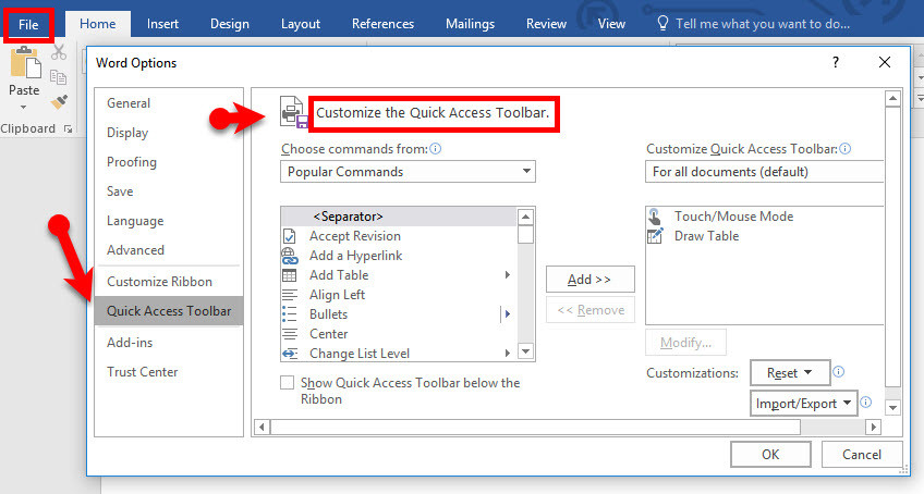 Customize Quick Access Toolbar in Microsoft Office 2016 - wikigain